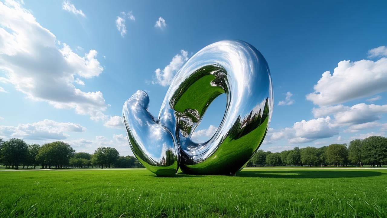 现代镜面不锈钢景观雕塑在公园中的实景展示