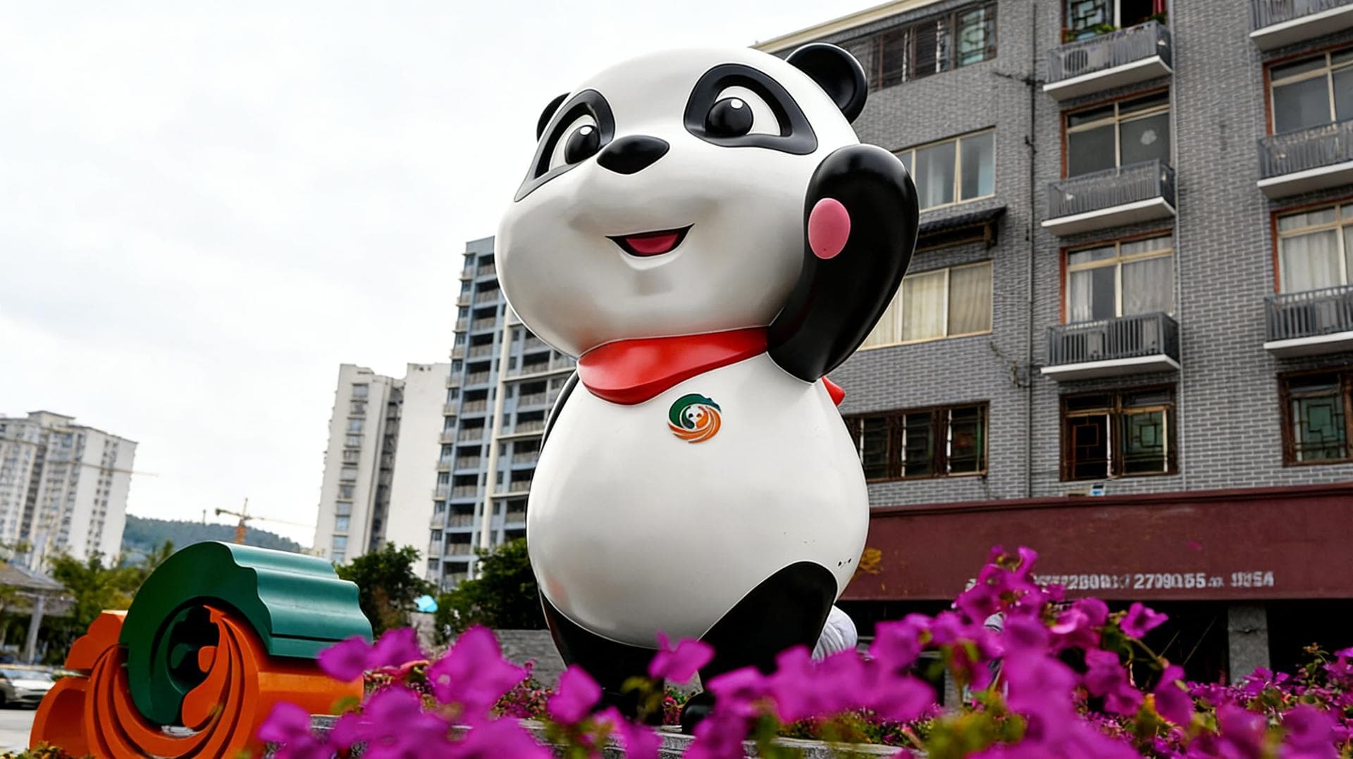 frp卡通熊猫戴围巾雕塑户外场景