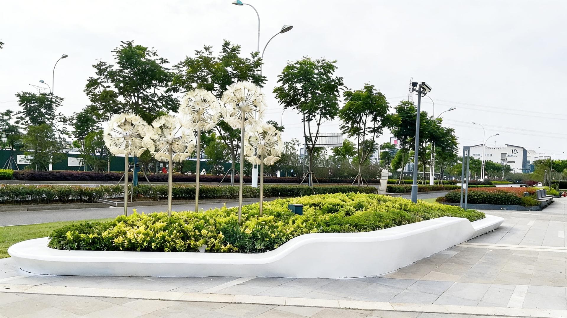 白色玻璃钢蒲公英花池座凳 · 城市景观生态装置