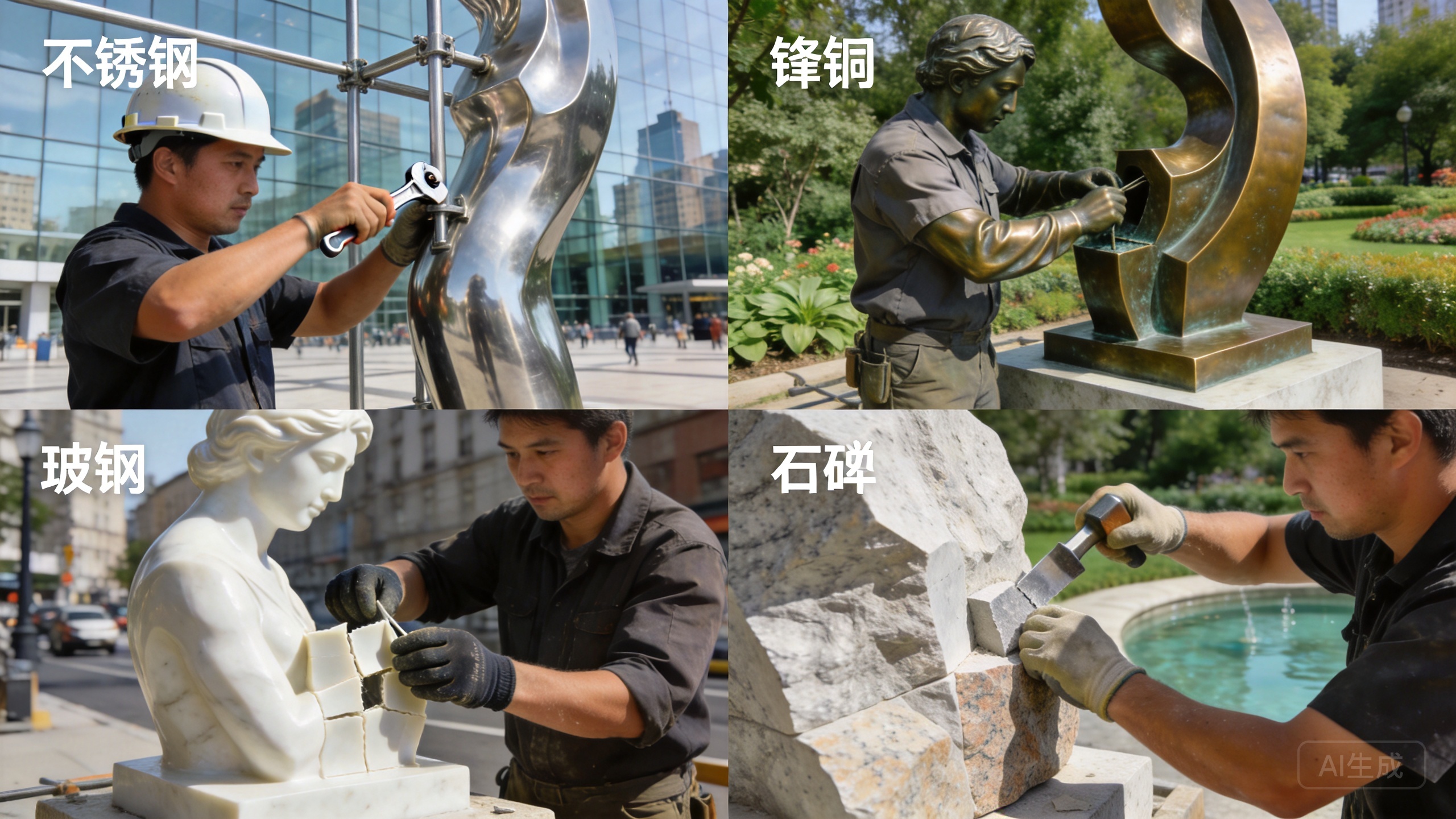 不同材质雕塑安装现场对比图