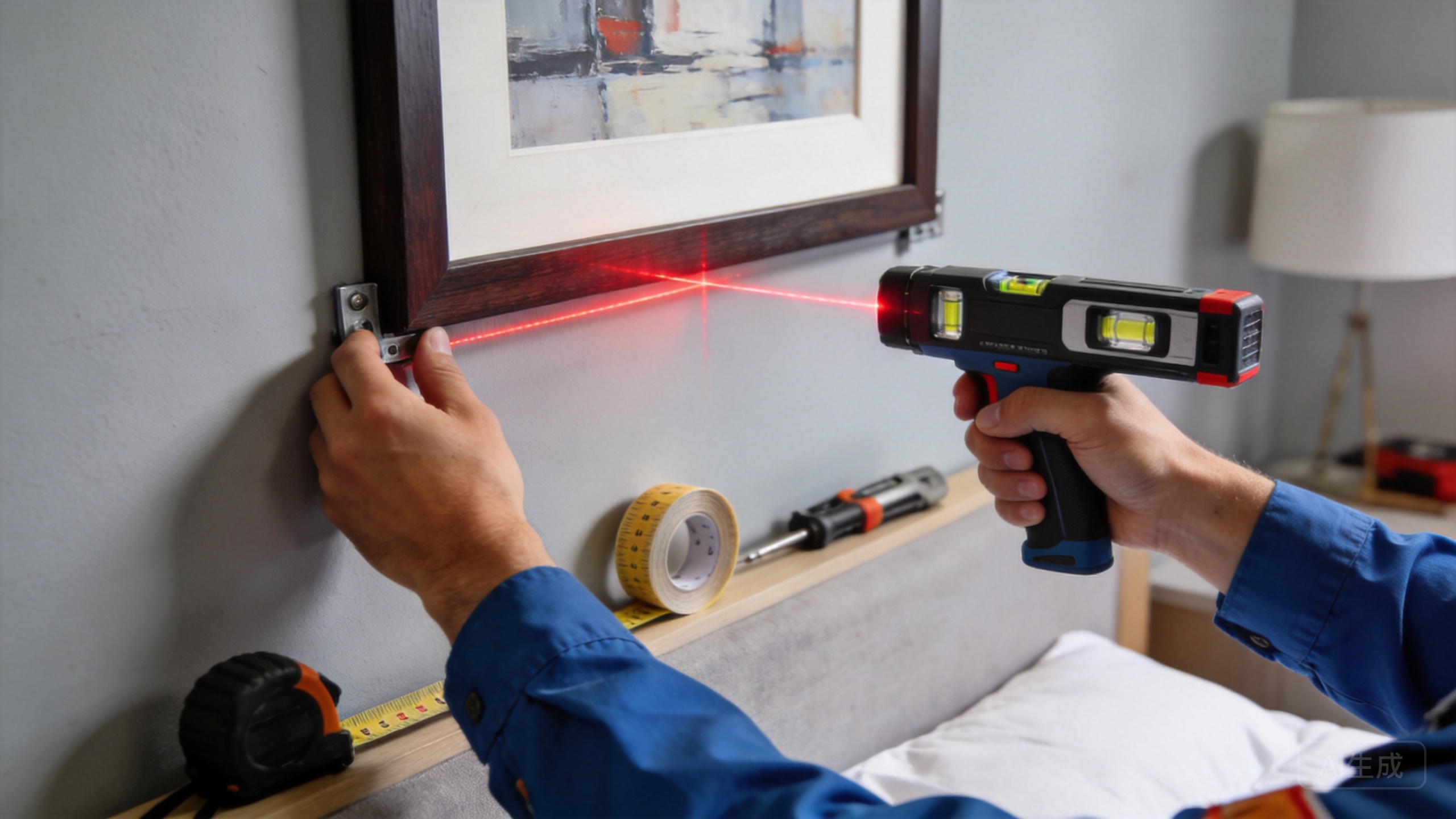 专业安装人员使用激光水平仪在卧室墙面安装挂画