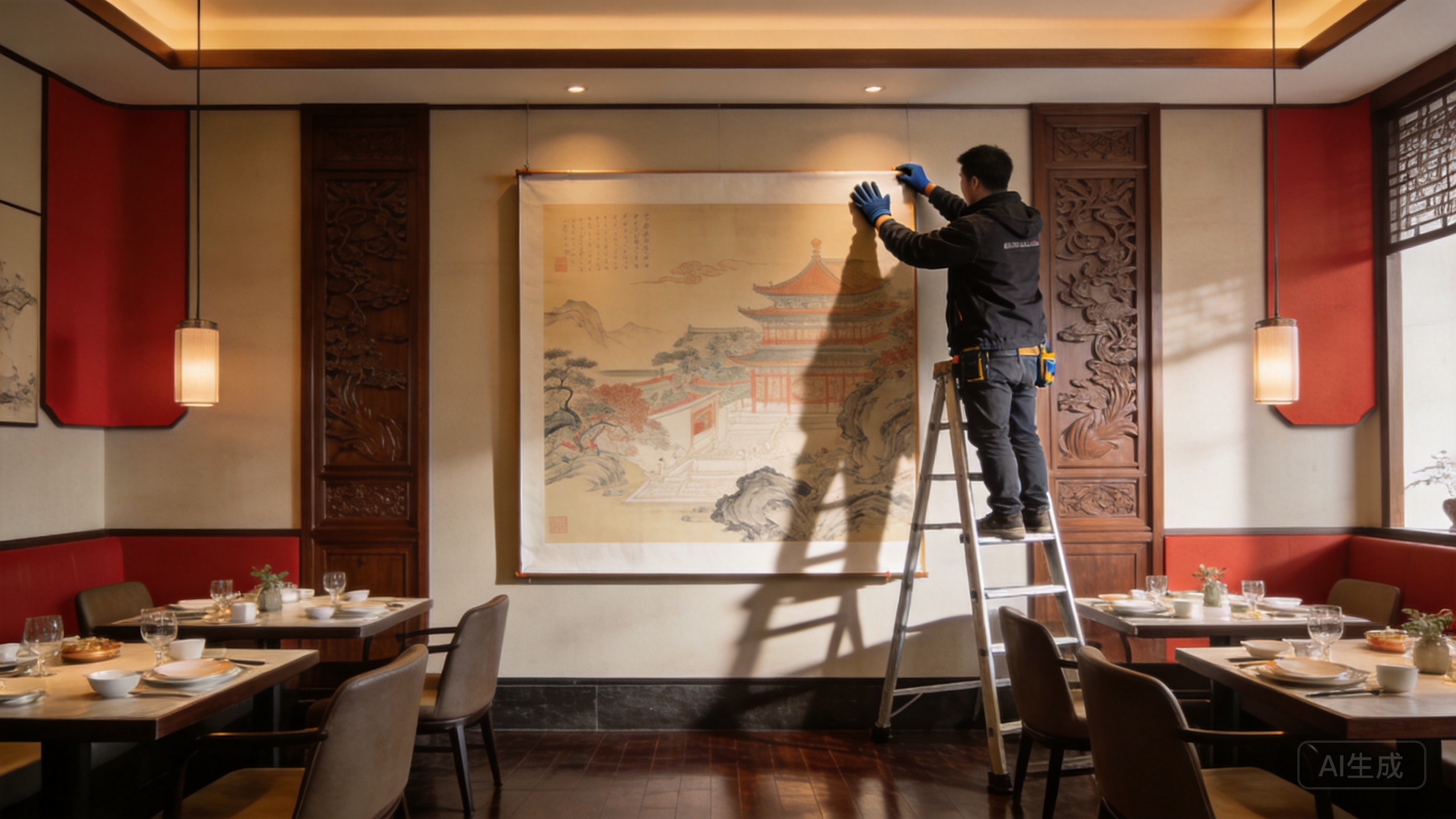 suyueart餐厅装饰画定制安装现场,设计师与安装师傅正在挂画